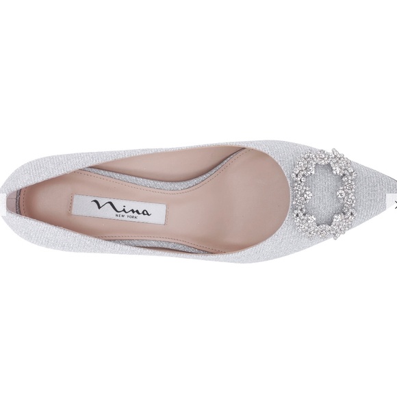 NEYA TRUE SILVER TEXTURED METALLIC MID-HEEL PUMPS WITH JEWELLED BUCKLE - Picture 4 of 8